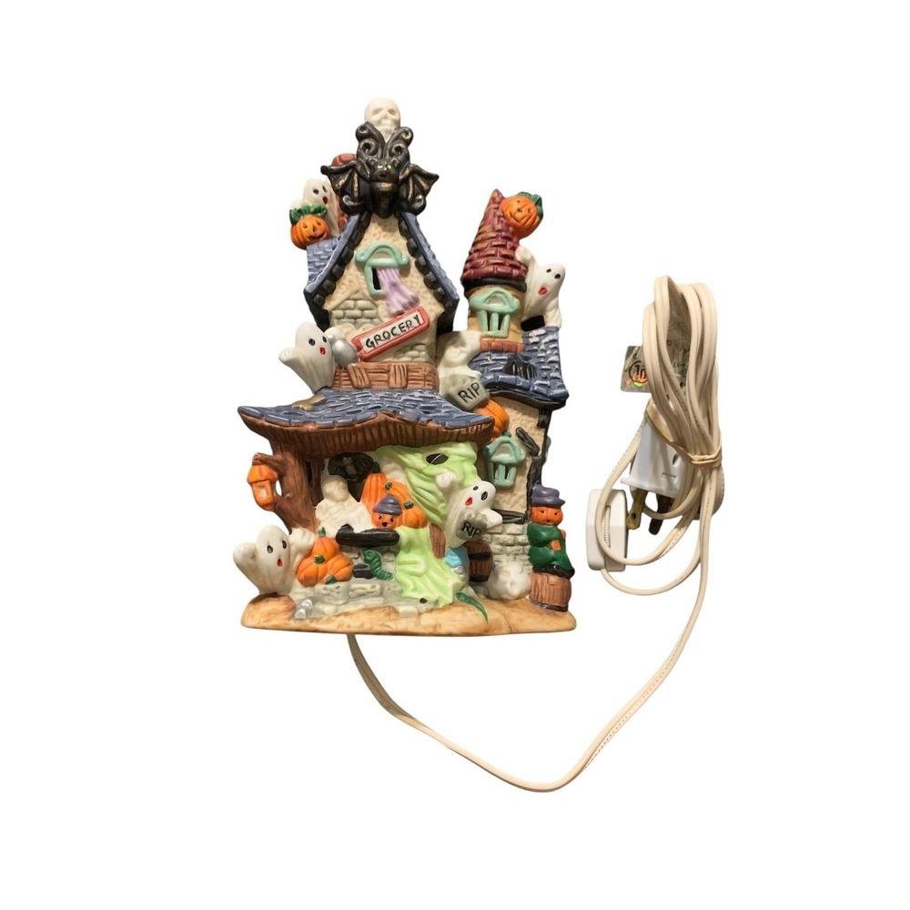 Spooky Hollow Grocery Haunted House Halloween Lighted Porcelain Ghost Pumpkin